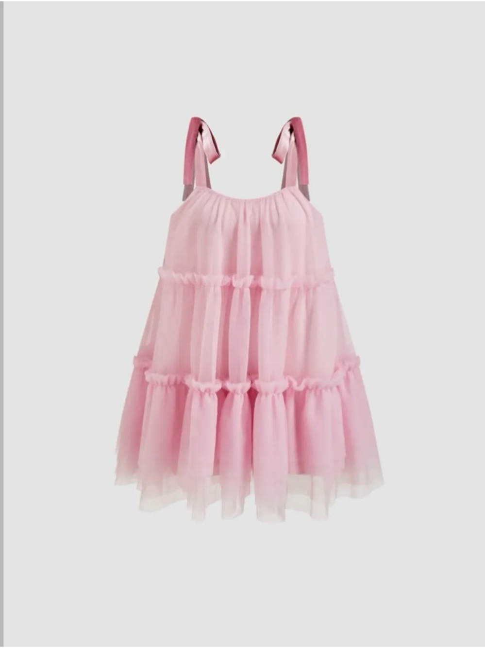 Pink Tiered Tulle Flowy Dress with Ribbon Straps